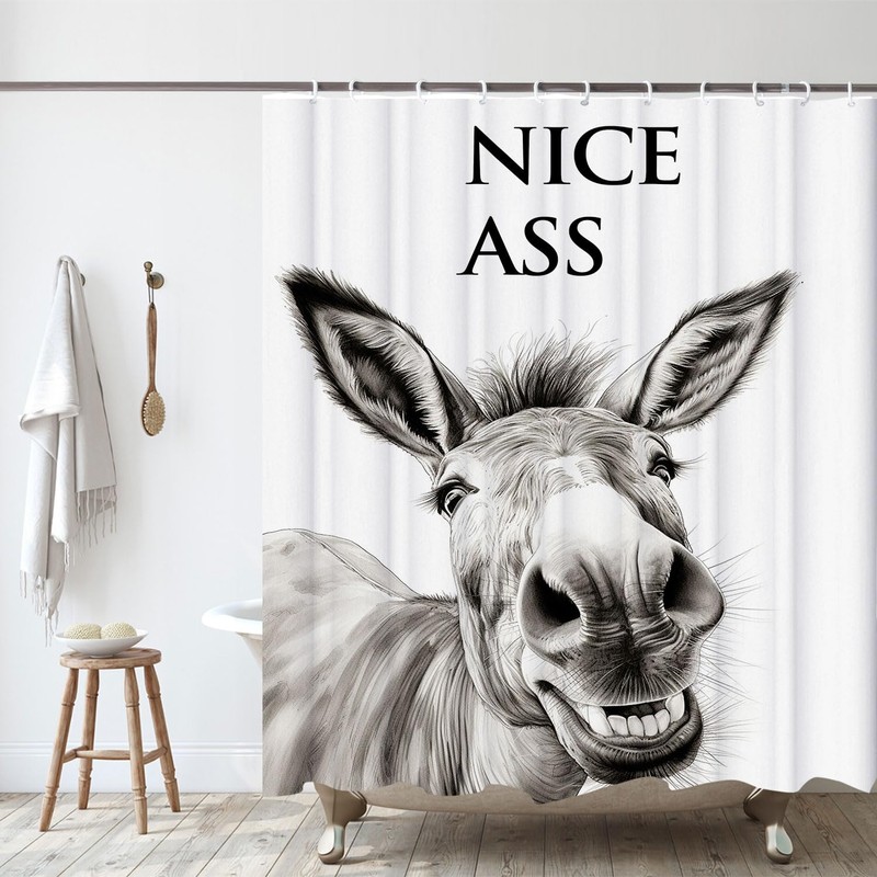LKFBSC Funny Donkey Shower Curtain, Black and White Farmhouse Animal