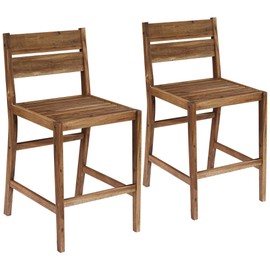 Nova Acacia Wood Outdoor Bar Stools Set of 2 Natural Brown 24" High Modern Farmhouse Ladder Back with Backrest Footrest for Kitchen Counter Island Home Patio Shed Garden Balcony - Teal Island Designs