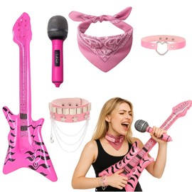 YFHUVB Rock Star Fancy Dress Kids, 5Pcs Girls Rockstar Costume Set With Inflatable Guitar, Microphone, Bracelet, Bandana And Collar, Perfect For Theme Parties, School Performances And Role Play
