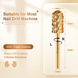 Cnynail 3/32" Large Barrel Smooth Round Top Tungsten Carbide Nail Drill Bit Safety Bit for Gel & Acrylic Removal, 2-Way Rotating Efile Tip, Salon Electric File Accessory (3XC Grit, Gold)