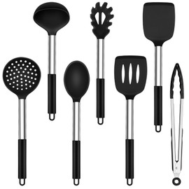 Onader Küchenhelfer Set, 7 Stück Silikon Küchenutensilien Kochbesteck Set mit Edelstahlgriff, Antihaft Kochutensilien Set Sicher für Kochgeschirr, Hitzebeständiger & Spülmaschinenfest, Schwarz