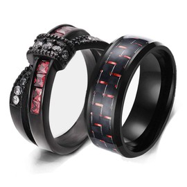 Wedding Ring Set His Hers Couples Matching Rings Women's Black Gold Filled Red Ruby CZ Wedding Engagement Ring Bridal Sets & Men's Stainless Steel Wedding Band