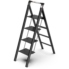 4 Step Ladder, 300lbs Safety Household Ladder，Retractable Handgrip Folding Step Stool with Anti-Slip Wide Pedal, Aluminum Step Ladders 4 Steps,