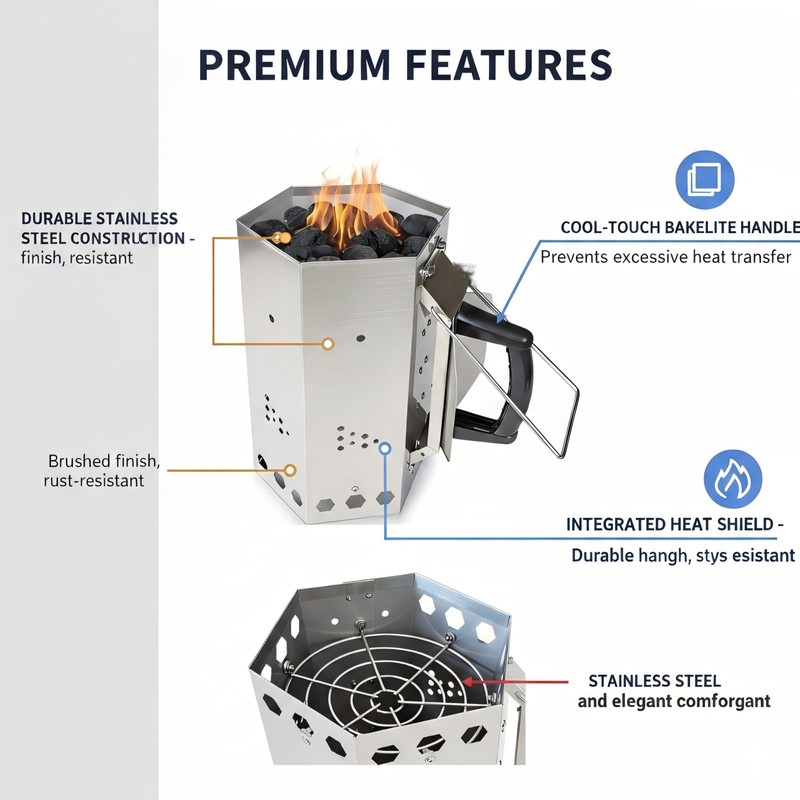 KU-koruo Premium Stainless Steel Charcoal Chimney Starter with Ergonomic Handles,