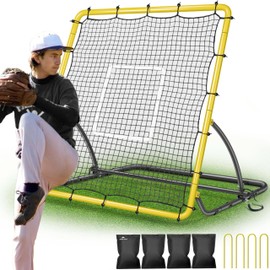 TELURY Heavy Duty Baseball Rebounder Net 4x4.5 FT Pitchback with 3 Adjustable Angles, Baseball and Softball Bounce Back Net for Ground, Line Drive, Fly Ball Return Settings Fielding Trainer (Yellow)