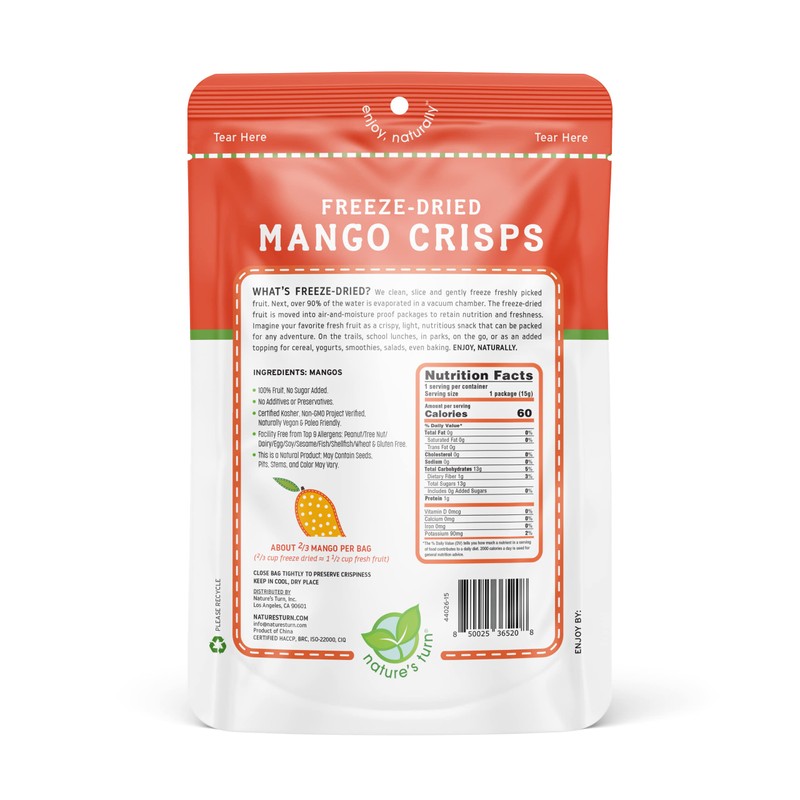 Nature's Turn Freeze-Dried Fruit Snacks, Mango Crisps, Pack of 12