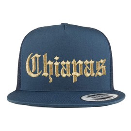 Trendy Apparel Shop Old English Chiapas Gold Embroidered 5 Panel Flatbill Trucker Mesh Cap- Navy