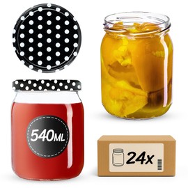 KADAX Jam Jars 540 ml, Preserving Jars with Screw Lids, Jars with Screw Cap, Preserving Jars, Storage Jars for Pickling Cucumbers (24 Pieces, Black Polka Dots)