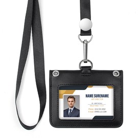 Horizontal Leather ID Badge Holder with Lanyard,Waterproof Name Badge Holders with 2 Card Slots for Office,Staff,Students and Employees,Velcro Closure