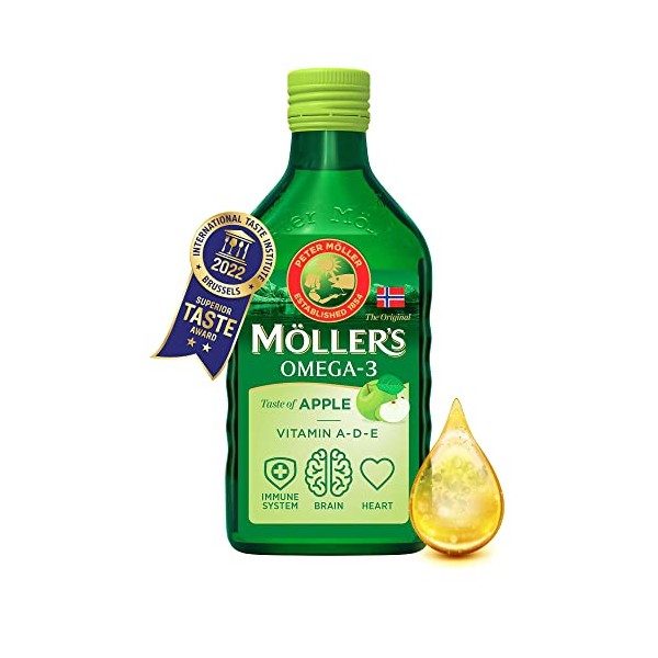 Mollerâs Â® | Omega 3 Cod Liver Oil | Omega-3 Dietary Supplements with EPA, DHA, Vitamin A, D and E | Superior Taste Award | Pure & Natural cod Liver Oil | 166 Year Old Brand | Apple | 250 ml