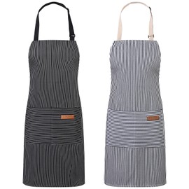 Livdouyu Pack of 2 Apron Cooking Apron Women's Adjustable Kitchen Apron with Pockets Men Gown Apron Cotton Apron for Cooking, Painting, Baking, Housework, black blue, One size fits all