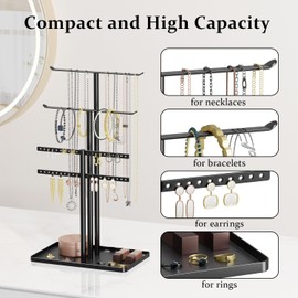pickpiff Jewelry Stand Organizer, 14.5" Tall Sturdy Metal, 3-Tier Jewelry Holder for Necklace, Earring, Bracelet, Ring, Hanger for Display and Storage, Aesthetic Room Decor, Black