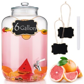 Baderke 6 Gallon Glass Drink Dispenser for Parties Beverage Dispensers with18/8 Stainless Steel Leakproof Spigot Hanging Chalkboard Signs Pen for Party Wedding (Classic Style)