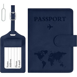 Fundas de Pasaporte con Bloqueo RFID, Porta de Pasaporte de Cuero PU, Fundas para Pasaporte Impermeables, Funda magnética portátil para pasaporte, con Etiqueta de Equipaje, Unisex (Azul oscuro)