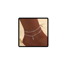 Prosy Double Layer Cross Anklet Beach Foot Jewelry Adjustable Ankle Foot Jewelry for Women (Silver A)