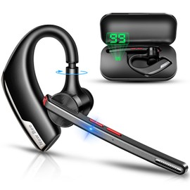 New bee Bluetooth Headset, Wireless Bluetooth Earpiece for Cellphone with 500mah Charging Case 80h Playtime V5.2 Dual Mic Noise Cancelling Hands-Free Earphones for Office Driver