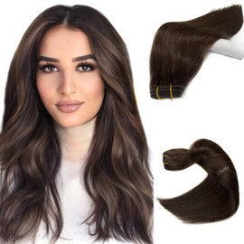 Sew in Weft Hair Extensions Human Hair Bundles, Dark Brown Sew in Hair Extensions Real Human Hair for Women, 80G 12Inch Remy Human Hair Sew in Extensions Hand Tied Weft Hair Extensions