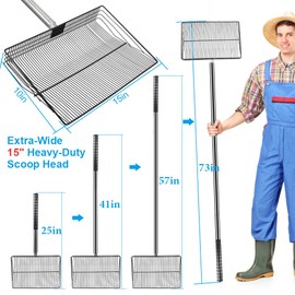 Kalekey Heavy Duty Chicken Poop Scooper, 15 Inch Extra Large Chicken Coop Rake with Adjustable Stainless Steel Handle (25 to 73 Inch) for Chicken Coop & Farm Cleaning Tools