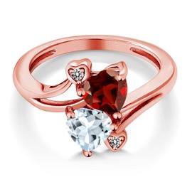 Gem Stone King 18K Rose Gold Plated Silver Red Garnet Sky Blue Aquamarine and White Diamond Ring For Women (1.76 Cttw, Heart Shape 6MM, Gemstone January Birthstone, Available In Size 5, 6, 7, 8, 9)