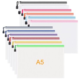 JIANTA Document Bag A5, Pack of 12 Document Folder with Zip, Mesh Plastic Zip Bag, School Office Homework Zipper Bag for File, Cosmetics, Colour Pockets