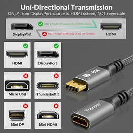 8K DisplayPort to HDMI Adapter, Uni-Directional DP 1.4 Male (Source) to HDMI 2.1 Female (Screen) Converter, DP Male to HDMI Connector 8K@60Hz, 4K@120Hz for PC, Dell, HP, NVIDIA, Laptop and More