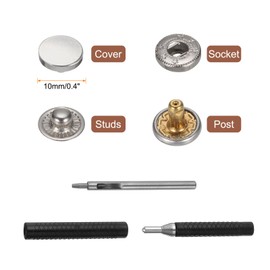 sourcing map 24 Set Leather Snap Fasteners Kit 10mm Metal Snap Button Press Studs Leather Rivets Snaps with 3 Setter Tools for Clothes Jackets Jeans Wears Bags, Silver Tone