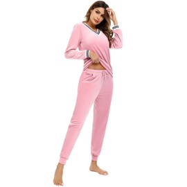 Totatuit Velvet Pyjamas for Women Casual Soft V Neck Long Sleeve Lounge Wear Pjs Set for Fall Winter 2 Piece Nightwear Pullover Top and Bottom with Pockets Pink