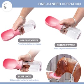 Zenify Dog Travel Water Bottle for Dogs Leak Proof No Spill Lead Leash Waterer Feeder Accessory Puppies Drinking Pets Accessories Alternative to Dispenser Portable Pet Bowl Large (550ml (M/L), Pink)