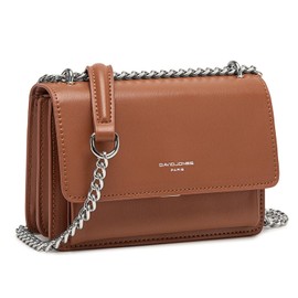 David Jones - Damen Kleine Umhängetasche - Frau Ketten Schultertasche PU Leder - Handtasche Mini Crossbody Bag mit Klappe - Handy Party Tasche Kettentasche Abendtasche Mode Trend - Braun Cognac
