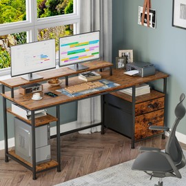 Furologee Computer Desk with Shelves and Drawer, 61" Long Desk with Fabric File Drawer, Industrial Writing Desk with Large Monitor Stand, Study Table Workstation for Home Office, Rustic Brown