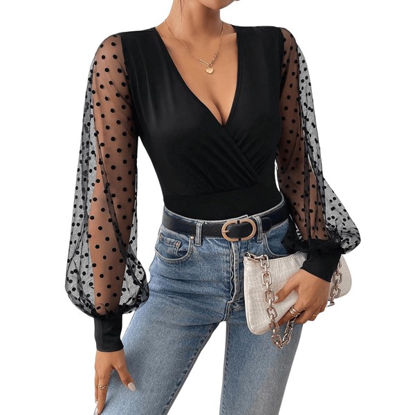 GORGLITTER Women's Bodysuit Polka Dot Mesh Bodysuits V-Neck Women's Bodysuit