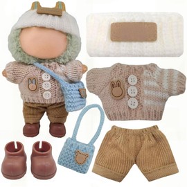 Clothes Set for 17cm Doll, Handcrafted Crochet 5 Piece Set Sweaters Hat Backpack Pants Shoes, Clothes Outfit Accessories for Dolls (No Doll) Khaki