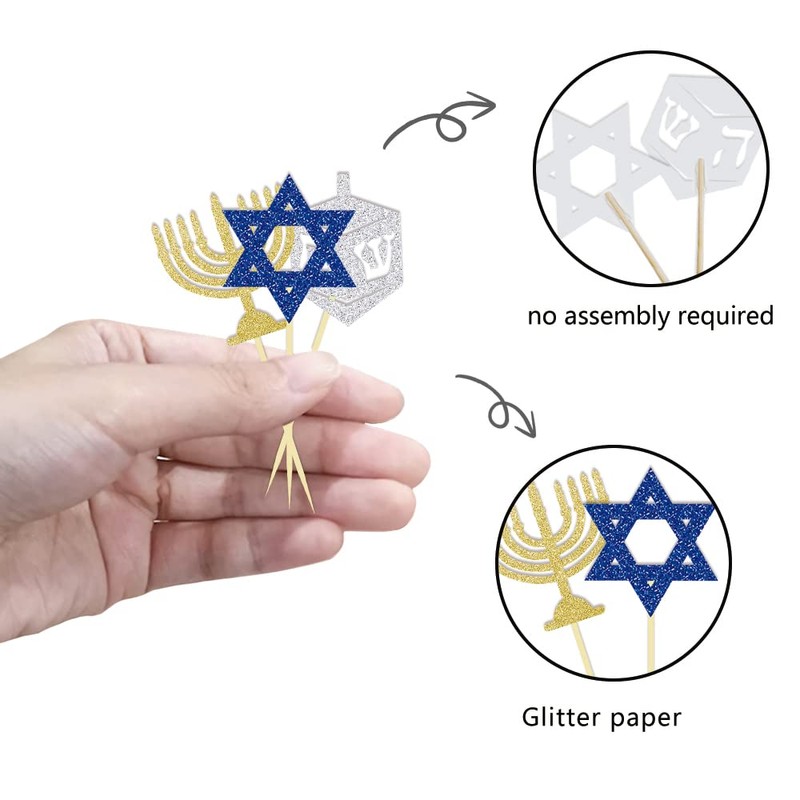 24Pcs Hanukkah Cupcake Toppers, Glitter Star of David Candlestick Hexagram