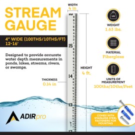 AdirPro 4" Wide Stream Gauge - Heavy Duty Fiberglass Depth Gauge - All Weather - 12-16 ft (10ths) - White