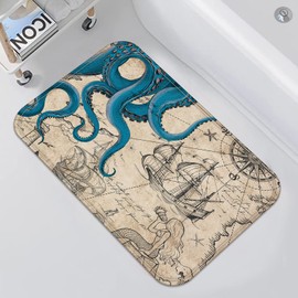 Fungarth Vintage Nautical Octopus Bathroom Rugs Mat Navy Blue Ocean Kraken Mermaid Bath Rug Water Absorbent Non Slip Shower Mat Anchor Coastal Map Memory Foam Bath Mats for Bathroom Decor 24×20In