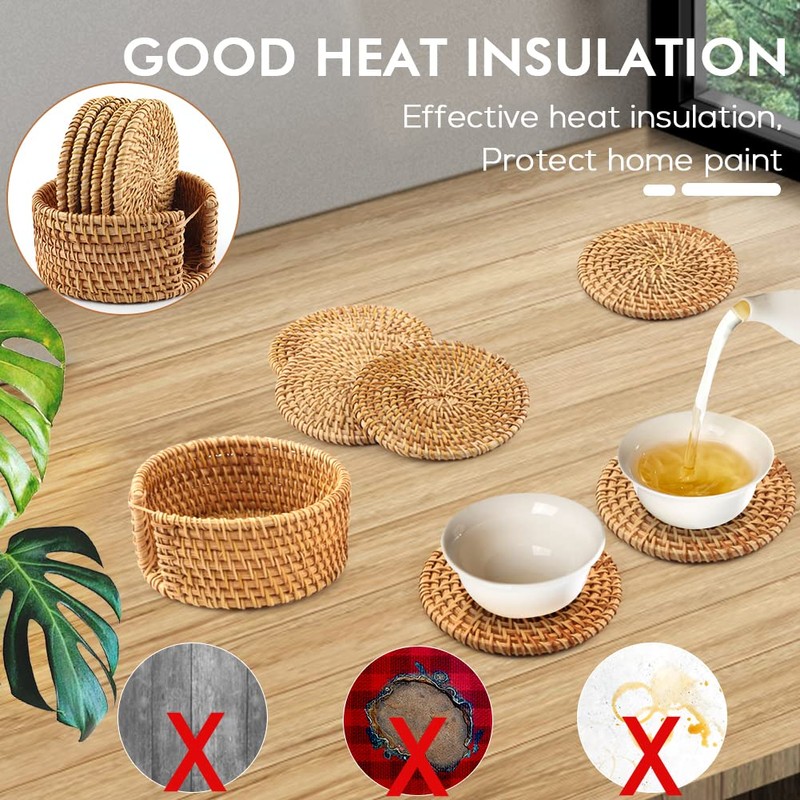 Rattan Coasters Set of 6pcs Handmade Woven Cup Coasters with