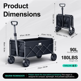 TANSTRIDER Collapsible Wagon Cart, Lightweight Foldig Wagon with Wheel Heavy Duty with 180lbs Weight Capacity Utility Camping Cart for Groceries Garden Beach Sports Fishing (Black)