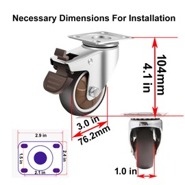 Urcollections Set of 4 3" Caster Wheels TPR 360 Degree Ball Bearing Plate Swivel Mute Heavy Duty 600LB Casters Wheels for Workbench Furniture Cabinet Table 2 with Brake 2 Without