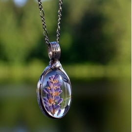 Lavender Necklace for Women, Purple Wildflower Pendant, Real Pressed Flower Jewelry, Mother's Day Gift for Mom, Anniversary Gift for Wife, Truly Hand Made by Louisiana Artisan at Bayou Glass Arts