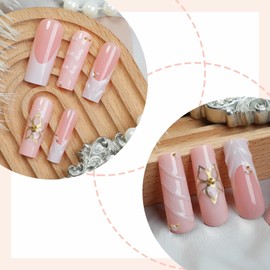 BABALAL Press on False Nails Long Square Fake Nails White French Tip Glue on Nude Pink Acrylic Nails Gold Chrome Flower 3D Handmade Diy Full Cover for Women Girls