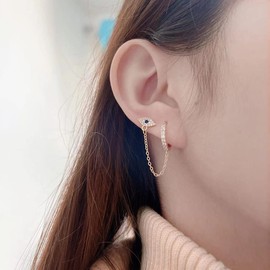 Evil Eye Dangle Stud Earrings Crystal Cubic Zirconia Chain Link Cartilage Tragus Piercing Dangling Charm Drop Small Huggie Hoop Earring Double Hole Sleeper Studs Dainty Jewelry for Women Girls Hypoallergenic