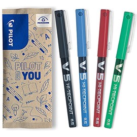 Pilot V5 Liquid Ink Rollerball 0.5mm Tip - Black/Blue/Red/Green (Pack of 4)