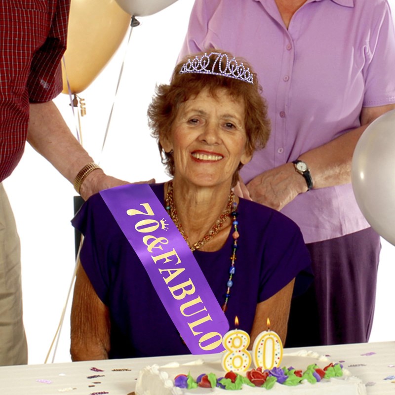 YARIEW Purple Crown + 70th Celebration Sash, Pearl Pin, and