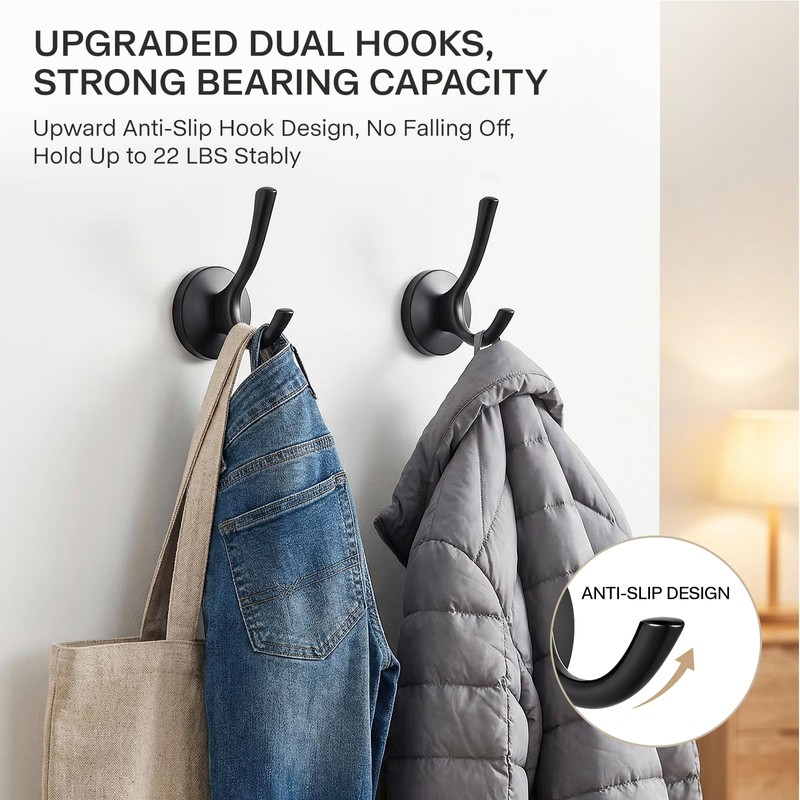 Ruiziiz Towel Hooks-Coat Robe Hooks-Heavy Duty Metal Double Bathrobe Hook-Black