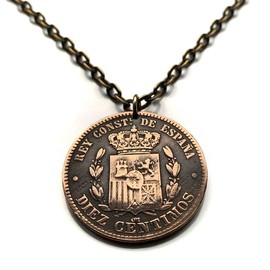 1878 Spain España 10 Centimo coin pendant escudo Español Spanish crown Madrid Barcelona Sevilla Zaragoza Toledo Cadiz Córdoba Malaga Asturias Cataluña Ibiza Castile Leon Aragon Navarre Granada n000368