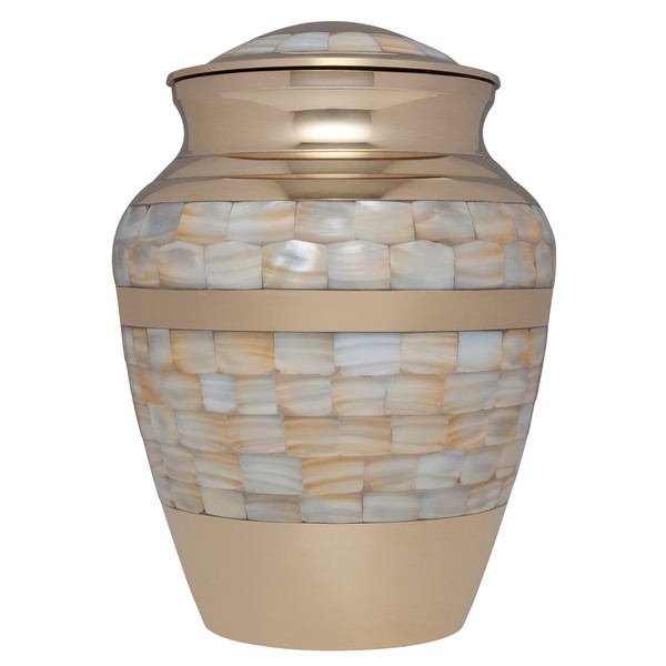Mother of Pearl Gold Funeral Urn by Cremation Urn for Human Ashes - Hand Made in Brass - Suitable for Cemetery Burial or Niche - Large Size fits Remains of Adults up to 200 lbs - Mother of Pearl