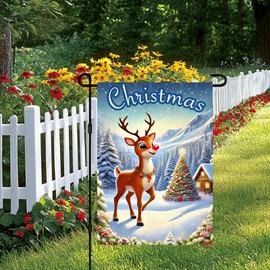 BlissYard Christmas Reindeer Garden Flag 12x18 Inch Red Nose Rudolph Snow Scene Holiday Banner Winter Yard Decoration for Porch Lawn Outdoor Display