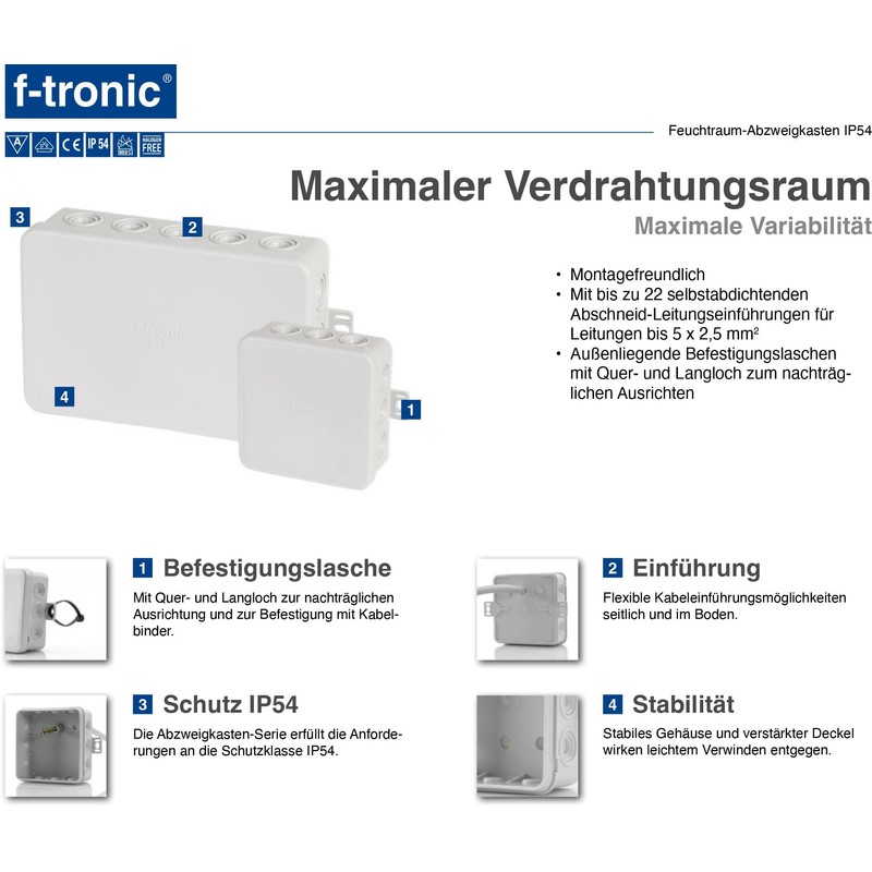 F-Tronic junction box IP54 for damp areas, 75 mm x