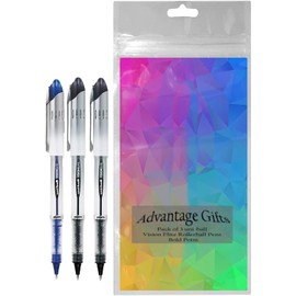Advantage Gifts Vision Elite Rollerball Pens, Bold Point (0.8mm), Black/Blue Ink, 3 count, Bundle with Plastic Reusable Pouch