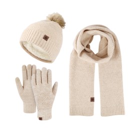 Wander Agio Winter Warm Hat Scarf Glove Set for Women Wool Spinning Knit Beanie Womens Hats Scarves and Gloves 3-Sets Solid Camel Beige 1